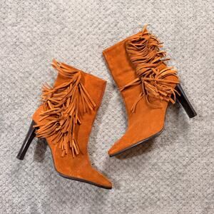 Vintage y2k warm brown faux suede fringe western heeled ankle pointed toe boots